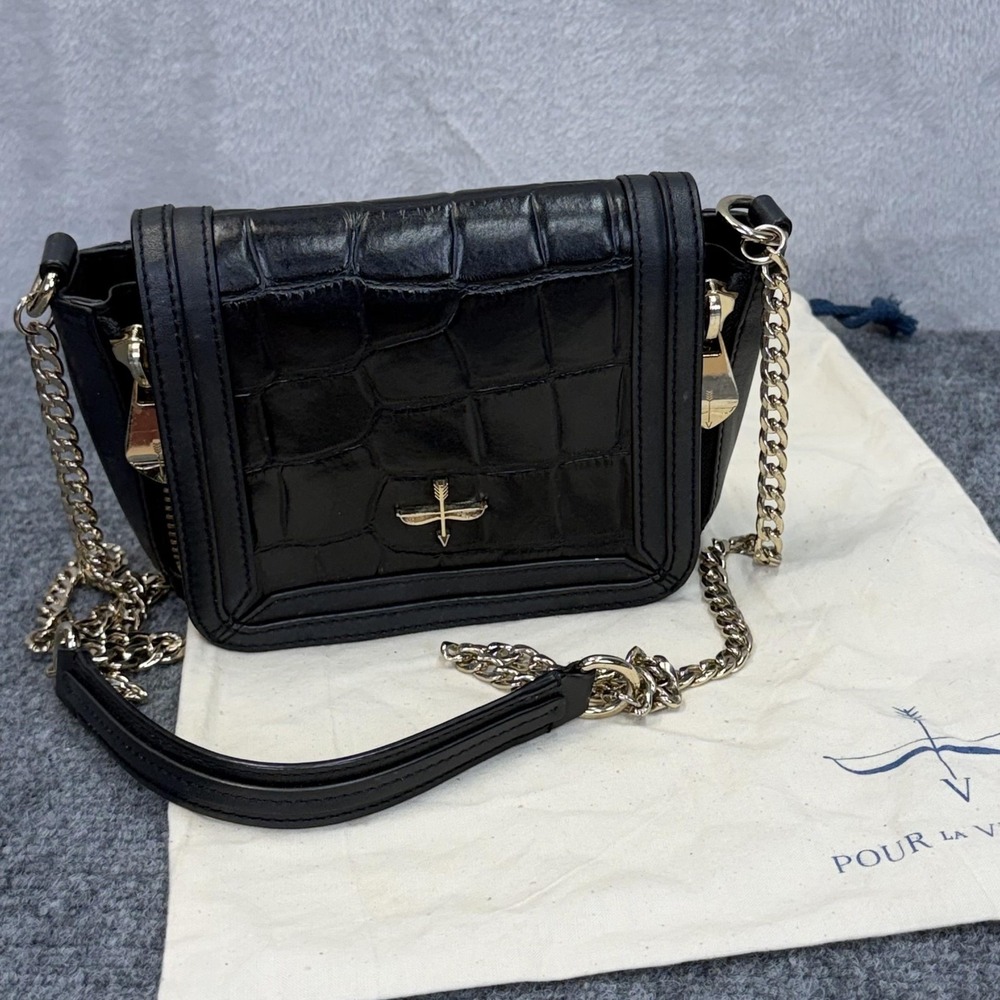 Pour La Victoire Crossbody Bag Womens Small Black Croc Embossed Leather Chain